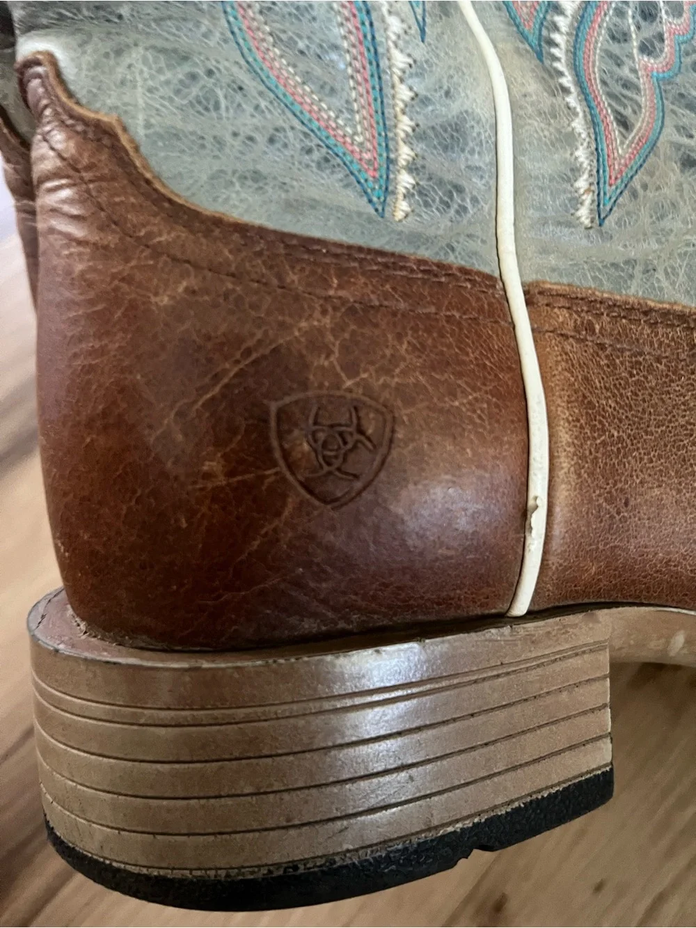 Ariat Women's Brown Blue Leather Western Boots Square Toe Pull On Mid-Calf 7b